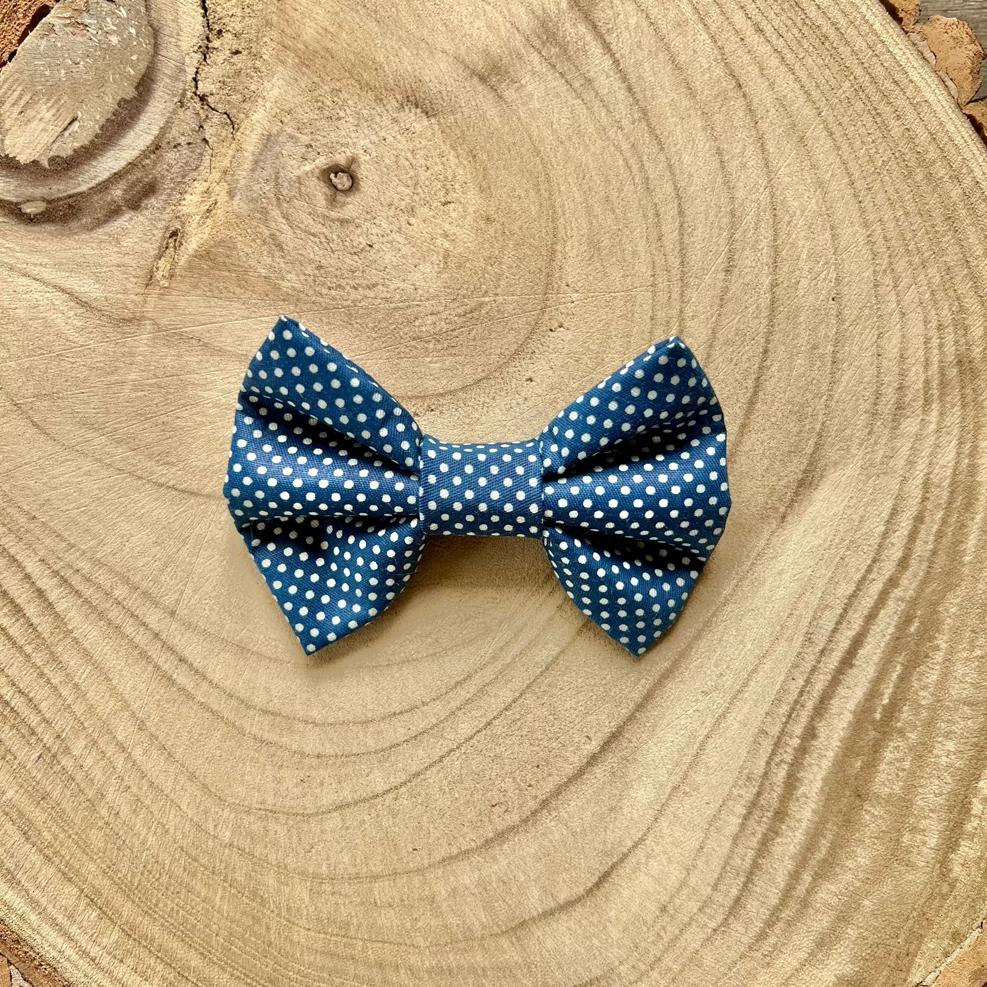 Blue polka dot bow tie on a wooden surface