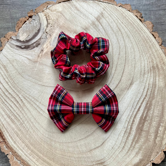 red tartan bowtie and matching scrunchie