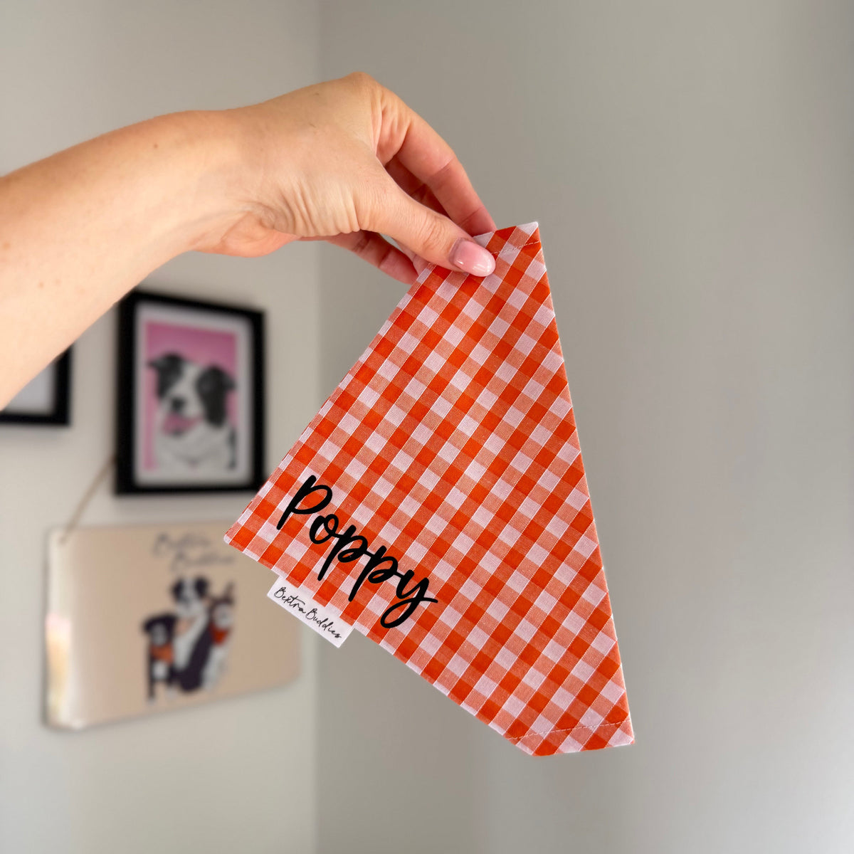 A hand holds a orange and white gingham checkered triangular pet bandana with the name 'Poppy' written in black script. The bandana has a small white tag that reads 'Bextra Buddies'.